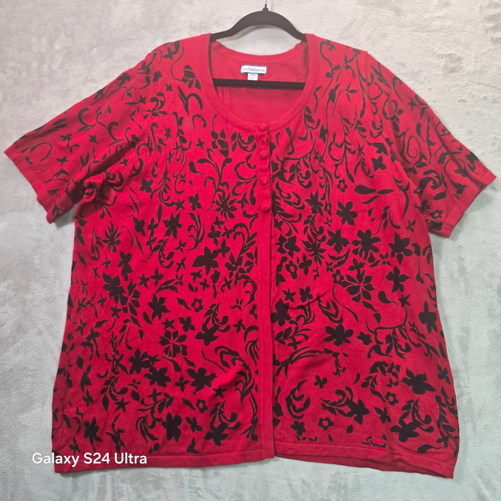Croft & Barrow Womens 2X Red Black Floral Short Sleeve Button Front Cardigan